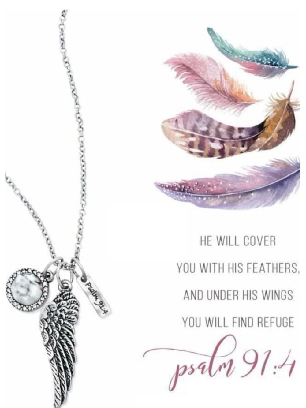 Psalm 91 Under His Feathers Stainless Steel Necklace